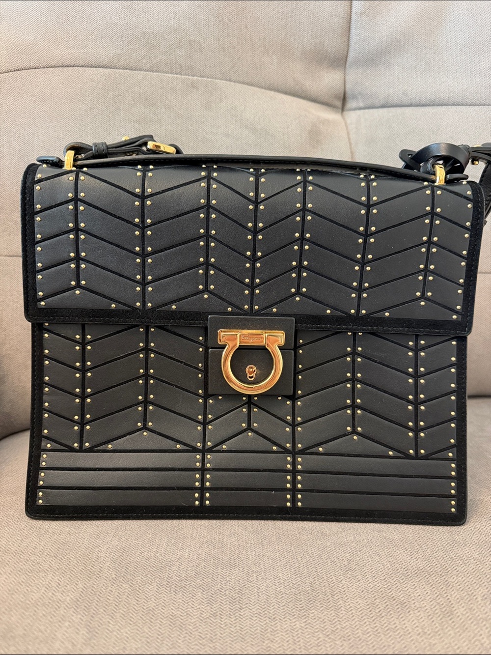Authentic Almost NEW Ferragamo Black Studded Leather Purse with Gold Hardware